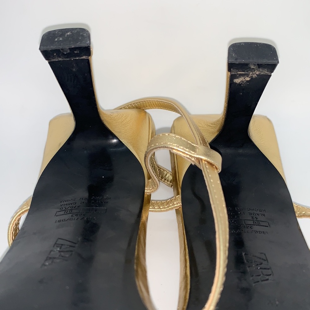 Zara Strap Sandals Gold 42 Kitten Heel Sandals Slip On Square Toe Wedding Prom - Picture 13 of 13